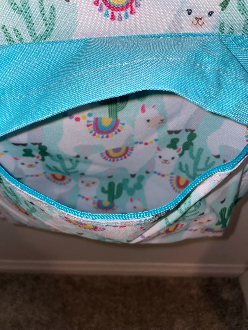 Kids Llama Print Backpack with Aqua Front Pocket -NEW